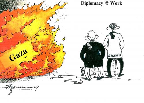 Cartoon: Real Diplomacy at Work (medium) by Thommy tagged gaza,middle,east,bush,obama,diplomacy