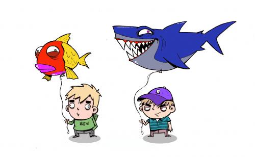 Cartoon: kidz are not alright (medium) by buddybradley tagged kids,baloon,fish,shark,bad,illustration,ball
