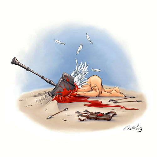 Cartoon: Bye Bye Cupidon (medium) by Mikl tagged mikl,michael,olivier,miklart,art,illustration,painting,cupidon,angel,hammer,kill,bye