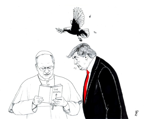 Cartoon: Tensions Pope Trump (medium) by paolo lombardi tagged pope,trump,usa,vatican,war,peace