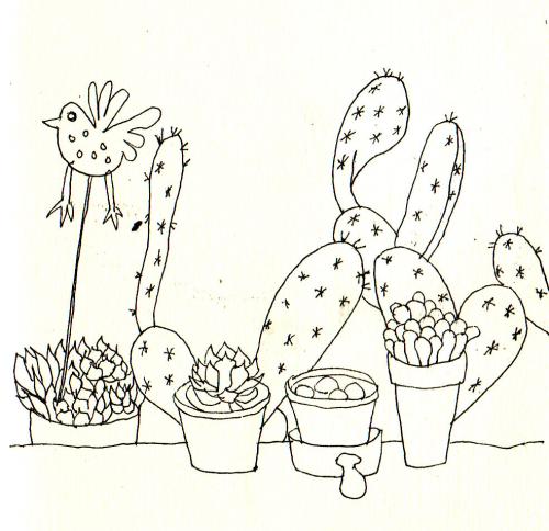 Cartoon: bird (medium) by etsuko tagged illustration,bird,cactus,illustration,kakteen,kaktus,pflanze,planzen,natur,fensterbank,topfplanze,harmonie,idylle,leben,wachstum
