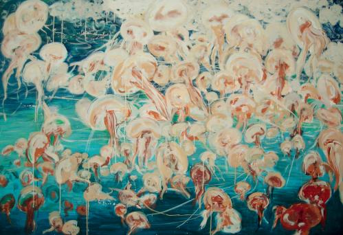 Cartoon: float (medium) by etsuko tagged jellyfish,illustration,quallen,qualle,tiere,meer,wasser,meerestiere,nesseltiere,organismus,tentakel,schirm,feuerqualle,brennen,stechen,gift,rückstoß
