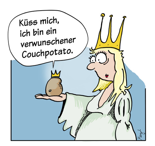 Cartoon: Couchpotato (medium) by Mergel tagged prinzessin,froschkönig,kartoffel,kuss,hoffnung,partnersuche,partnerschaft,beziehung,träume,erwartungen,traumprinz