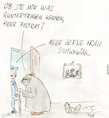 Cartoon: Kundenfreundlichkeit (medium) by fussel tagged hoeflichkeit,oma,postbote