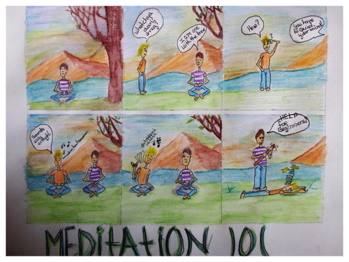 Cartoon: Meditation 101 (medium) by Krinisty tagged meditation,beginners,noobs,trees,people,skit,mind,quiet,krinisty,art