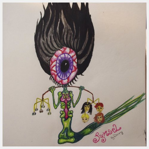 Cartoon: Ogel and Lynsel (medium) by Krinisty tagged monsters,green,aliens,eyes,heads,hair,crazy,killing,colorful,krinisty,art,colored,pencils