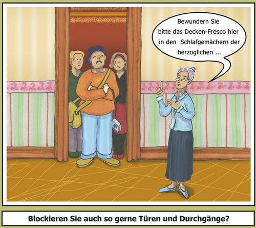 Cartoon: Pylone (medium) by SoRei tagged dreist,tölpel,trampel,umsicht,nicht,kuzsichtig,ignorant,menschengruppe,gruppe,museum,teamplayer,egoisten,stehen,weg,im,sperre,versperren,durchgang