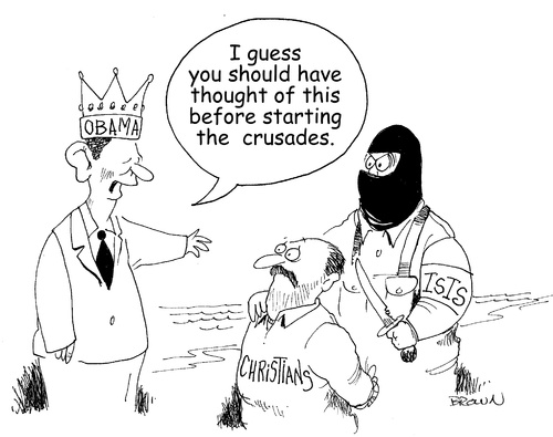 Cartoon: Obama blames Christians (medium) by Joebrowntoons tagged obamacartoon,politicalcartoonobamafunny,terrorismcartoon