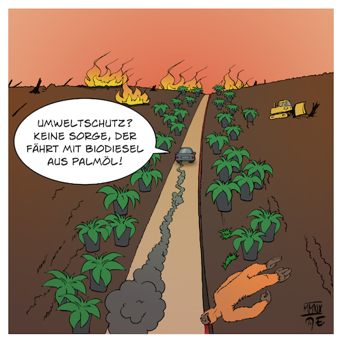 Cartoon: Biodiesel (medium) by Timo Essner tagged biodiesel,palmöl,plantagen,monokulturen,landgrabbing,brandrodung,urwald,naturwald,umweltschutz,dieselskandal,abgase,emissionen,verbrennungsmotor,klimawandel,klimaschutz,cartoon,timo,essner,biodiesel,palmöl,plantagen,monokulturen,landgrabbing,brandrodung,urwald,naturwald,umweltschutz,dieselskandal,abgase,emissionen,verbrennungsmotor,klimawandel,klimaschutz,cartoon,timo,essner