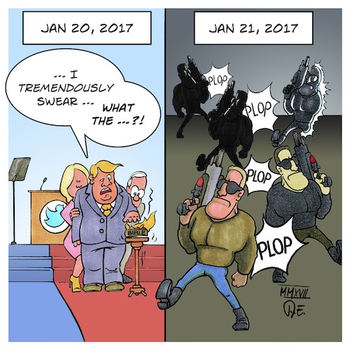 Cartoon: Trump Inauguration Day (medium) by Timo Essner tagged trump,usa,potus,terminator,bible,fire,caricature,timo,essner,trump,usa,potus,terminator,bible,fire,caricature,timo,essner