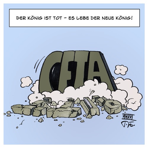 Cartoon: TTIP CETA Der König ist tot (medium) by Timo Essner tagged ttip,ceta,könig,freihandelsabkommen,alt,neu,usa,europa,cartoon,timo,essner,ttip,ceta,könig,freihandelsabkommen,alt,neu,usa,europa,cartoon,timo,essner
