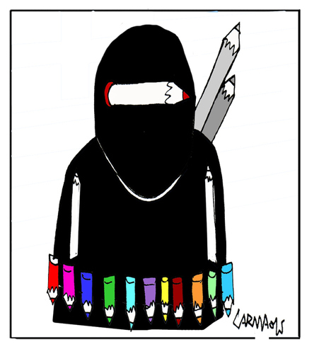 Cartoon: Fighting with pencils (medium) by Carma tagged terrorism,charlie,hebdo,cartoon,cartoonist,carma,islam,religion,fight,extremism,conflicts