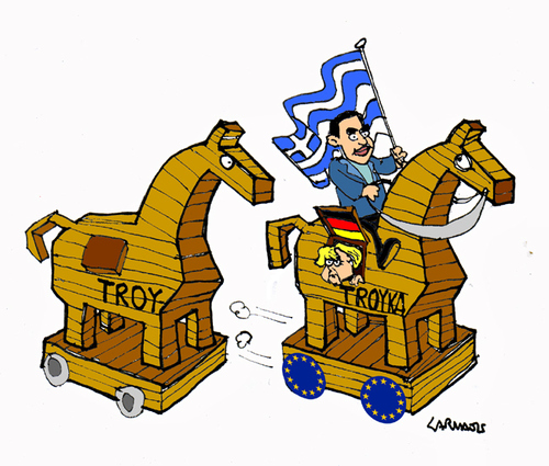 Cartoon: Horses (medium) by Carma tagged horses,horse,of,troy,troyka,greece,alexis,tsipras,angela,merkel
