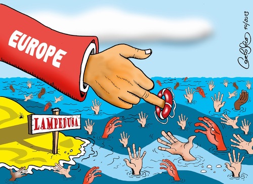 Cartoon: Tragedy in Lampedusa (medium) by carloseco tagged europe,lampedusa,immigration,refugees
