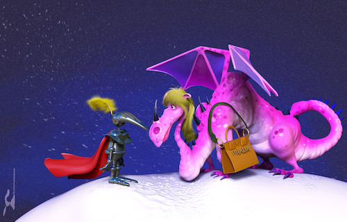 Cartoon: Knight and Dragon (medium) by Rüsselhase tagged knight,dragon,snow,prada,love