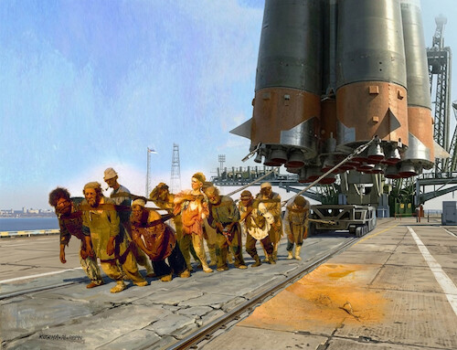 Cartoon: burlaciraket (medium) by Lubomir Kotrha tagged painter,repin,poverty,rocket,space,painter,repin,poverty,rocket,space
