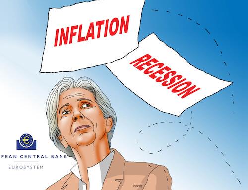 Cartoon: ecbreces-en (medium) by Lubomir Kotrha tagged ecb,inflation,recession,euro,eu,ecb,inflation,recession,euro,eu