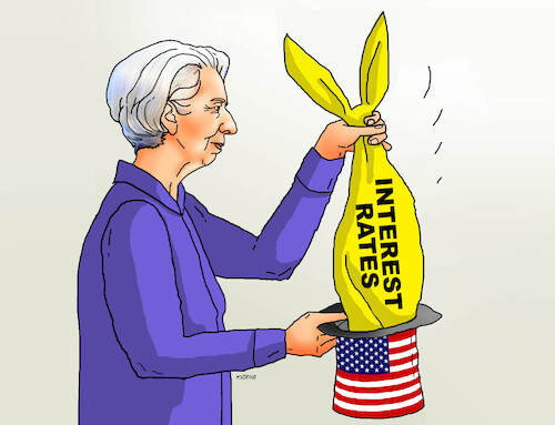 Cartoon: ecbtah25-en (medium) by Lubomir Kotrha tagged ecb,usa,fed,interest,rates,ecb,usa,fed,interest,rates