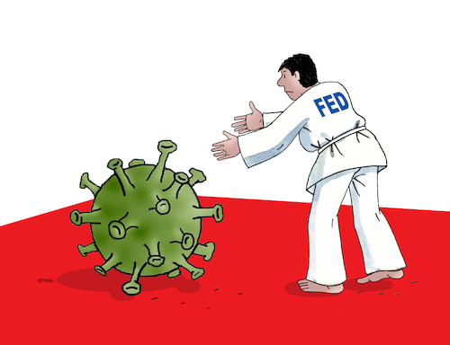 Cartoon: fedkarate (medium) by Lubomir Kotrha tagged coronavirus,wall,street,fed,burza,dollar