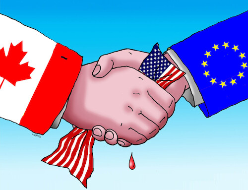 Cartoon: kanadaeu (medium) by Lubomir Kotrha tagged eu,canada,usa,trump,eu,canada,usa,trump