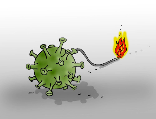 Cartoon: koronabomb (medium) by Lubomir Kotrha tagged coronavirus,wall,street,fed,burza,dollar,euro,world