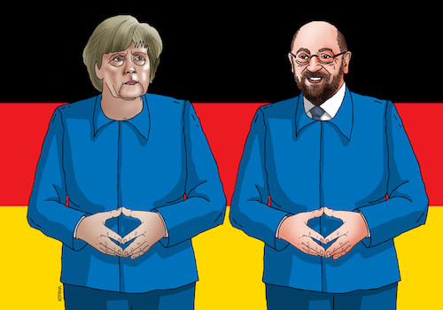 Cartoon: merkelschulz17 (medium) by Lubomir Kotrha tagged germany,angela,merkel,martin,schulz,wahlen,elections,euro,dollar,europe,world