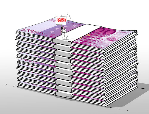 Cartoon: moneyvpred-en (medium) by Lubomir Kotrha tagged summit,jackson,hole,money,bankers,dollar,euro,libra,yen