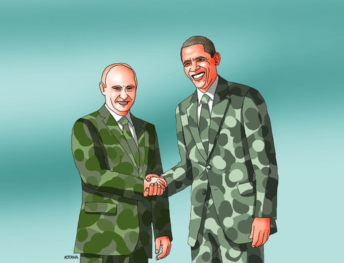Cartoon: obaputmask (medium) by Lubomir Kotrha tagged obama,putin,war,peace,syria,world,usa,russia