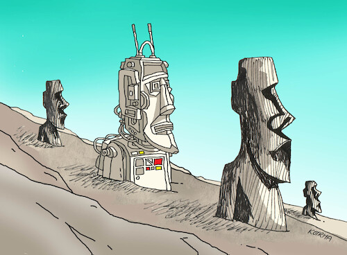 Cartoon: raparobot (medium) by Lubomir Kotrha tagged rapa,nui,robot,ai,rapa,nui,robot,ai