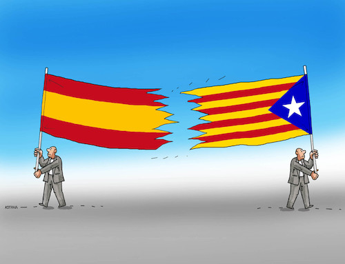Cartoon: spainflagtrh (medium) by Lubomir Kotrha tagged catalonia,refererendum,independence,spain,europa,barcelona,madrid