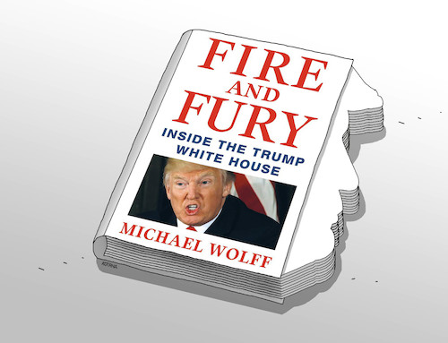 Cartoon: trumpbook (medium) by Lubomir Kotrha tagged donald,trump,fire,and,fury,book,usa,white,house,washington,dollar,world