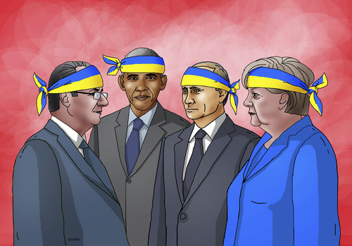 Cartoon: ukrabolenie (medium) by Lubomir Kotrha tagged merkel,obama,putin,hollande,ukraine,war,peace,europe,world