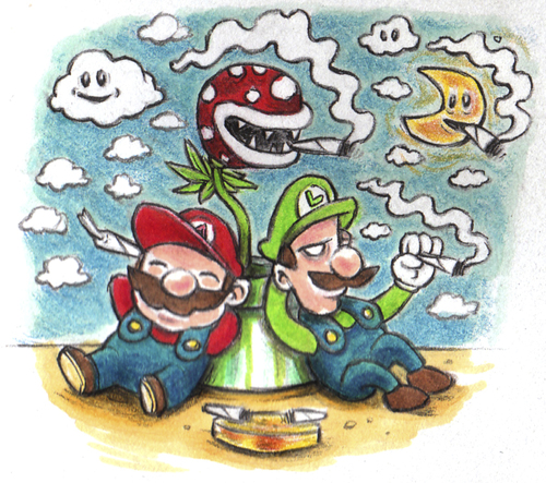 Cartoon: Mario and Luigi (medium) by Trippy Toons tagged super,mario,luigi,trippy,marihu,weed,cannabis,stoner,kiffer,ganja,video,game