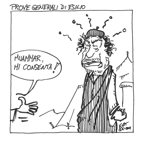 Cartoon: Prove generali di esilio (medium) by kurtsatiriko tagged berlusconi,gheddafi