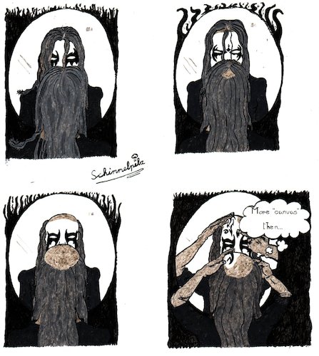 Cartoon: Black Metal Baldness -english- (medium) by Schimmelpelz-pilz tagged black,metal,baldness,mane,make,up,scene,music,long,hair,hairs,nonconformism,nonconform,mirror,receding,hairline