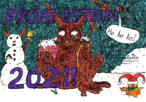 Cartoon: Frohe Ostern 2021! (medium) by Schimmelpelz-pilz tagged frohe,ostern,2021,küken,hase,osterhase,schnee,weihnachtsmann,schneemann,schneehase,rentier,schlitten,feiertag,ferien