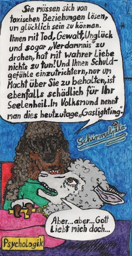 Cartoon: Gottes Gaslighting (medium) by Schimmelpelz-pilz tagged gott,god,gaslighting,manipulation,control,kontrolle,freak,abuse,missbrauch,glauben,belief,trust,vertrauen,misstrauen,distrust,psychologic,psychologik,sheep,schaf,wolf,clothing,furry,anthro,anthropoid,patient,doctor,therapist,psychology,psychologie,logik