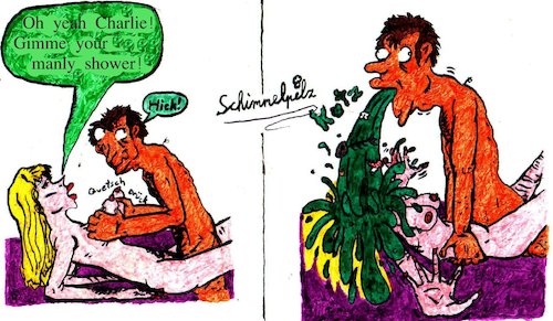 Cartoon: Modern Ideal (medium) by Schimmelpelz-pilz tagged charlie,sheen,drunk,addicted,addiction,series,movie,whore,bitch,money,puke,barf,slut
