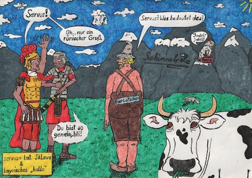 Cartoon: Salve Servus! (medium) by Schimmelpelz-pilz tagged bayern,bayrisch,römer,antik,antike,rom,legionäre,legionär,soldat,soldier,bavarian,bavaria,lederhosen,bib,lätzchen,beer,bier,cow,kuh,ancient,rome,romans,latin,latein,servus,sklave,slave,yeti,abominable,snowman,jodeln,yodelling,seppelmütze,barbarian,barbar,parody,parodie,etymologie,etymology,wortherkunft,word,roots