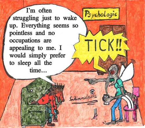 Cartoon: Tick s Depression (medium) by Schimmelpelz-pilz tagged depression,depressive,psychologic,depth,analysis,tick,insult,unprofessional,hedgehog,mosquito,apathy,listlessness,mental,health,issue,therapy,therapist,anthro,anthropoid,furry,chair,help