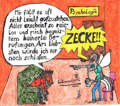 Cartoon: Zeckendepression (medium) by Schimmelpelz-pilz tagged depression,depressiv,psychologik,tiefenanalyse,zecke,beschimpfung,unprofessionel,igel,moskito,mücke,apatie,lustlosigkeit
