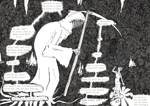 Cartoon: Zwiegespräch Mit Dem Tod (medium) by Schimmelpelz-pilz tagged tod,tot,suizid,selbstmord,schnitter,sensenmann,sense,finster,verzweiflung,todeswunsch,sterben,mörder,mord