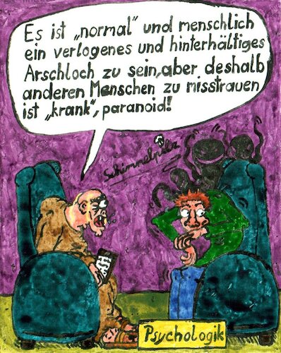 Cartoon: Paranoia (medium) by Schimmelpelz-pilz tagged psychologik,psychologic,arzt,doctor,doktor,patient,therapy,therapeut,therapist,psychiatrist,psychologie,psychology,paranoia,verfolgungswahn,trust,distrust,issue,issues,vertrauensproblem,vertrauensprobleme,misstrauen,hunchback,buckel,igor,fear,anxious,furcht,angst,frightened