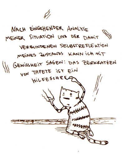 Cartoon: Hilfeschrei. (medium) by puvo tagged hilfe,katze,tapete,zerkratzen,hilfeschrei,psycho,kralle,