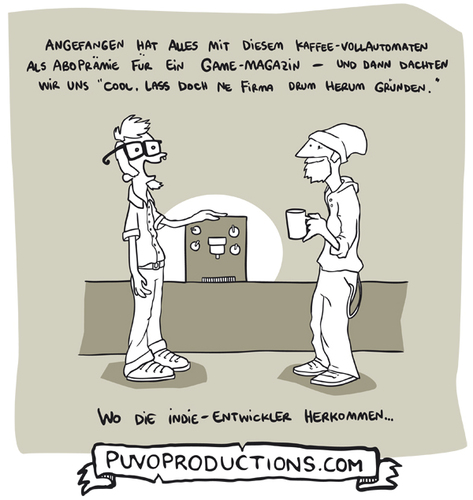 Cartoon: Indie-Entwickler (medium) by puvo tagged game,developer,coffee,machine,kaffeemaschine,indie,entwickler,studio,spiel,computer,computerspiel,computerbranche,firma,unternehmen,kaffeetasse,büro,gründung,firmengründung,start,up