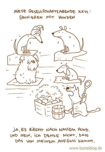 Cartoon: Nasser Hund. (medium) by puvo tagged hund,sauna,katze,nass,geruch,gestank,dog,cat,steam,dampf,smell,wet