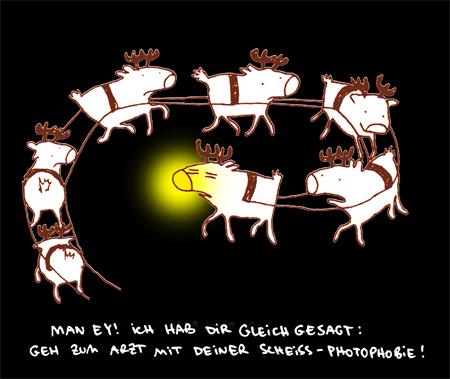 Cartoon: Photophobie. (medium) by puvo tagged reindeer,rentier,weihnachten,christmas,photophobie,lichtempfindlichkeit,light,sensitivity,photophobic,lichtempfindlich
