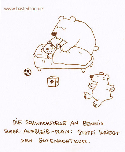 Cartoon: Superaufbleibplan. (medium) by puvo tagged kind,child,schlafen,sleep,mutter,mother,kuss,kiss,schlafenszeit,time,plüschtier,kuscheltier,cuddle,toy