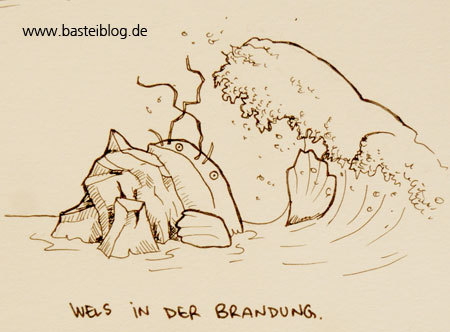 Cartoon: Wels in der Brandung (medium) by puvo tagged wels,wortspiel,phrase,brandung,meer,ozean,welle,felsen