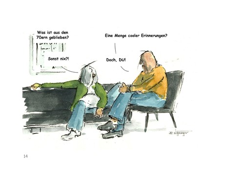 Cartoon: Das was bleibt (medium) by Jori Niggemeyer tagged siebziger,joricartoon,niggemeyer,cartoon,einschätzung,wahrnehmung,alt,jung,damals,suche,sinn,erinnerung